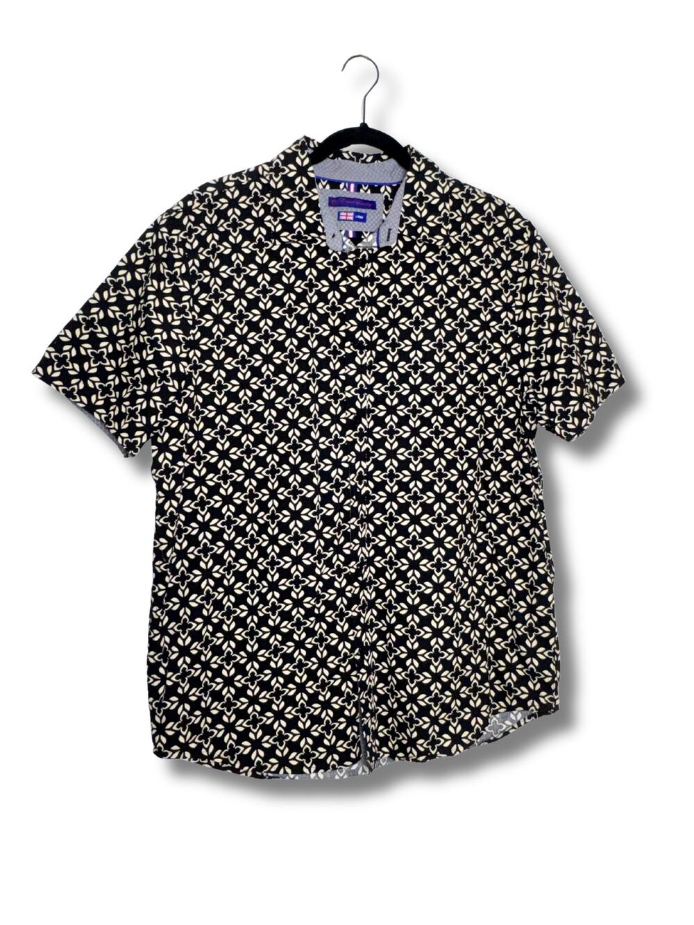 English Laundry Geometric Print Short Sleeve Button Down Cotton Shirt Large